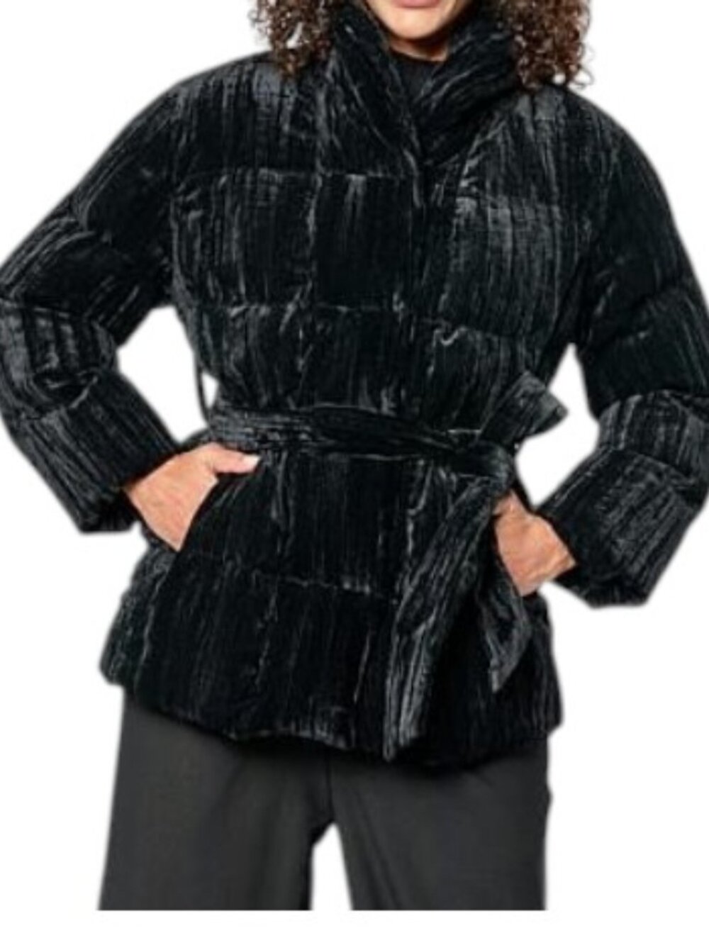 Wynne Collection Crinkle Velvet Puffer Jacket Black Plus Size 1X
